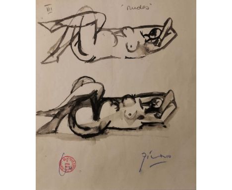 Pablo Picasso (Spanish, 25/10/1881-8/4/1973): An unframed watercolour sketch of a pregnant woman pencil noted nudes VII. Unde