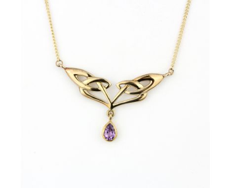A 9ct yellow gold necklace set with a pear cut amethyst, L. 2.5cm, gross weight approx. 6.2gr.&nbsp;