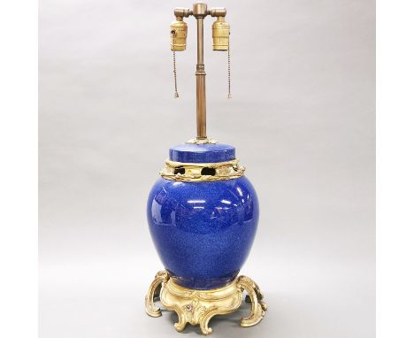 A 19th/early 20th century ormulu mounted (probably Chinese) porcelain table lamp, H. 64cm.