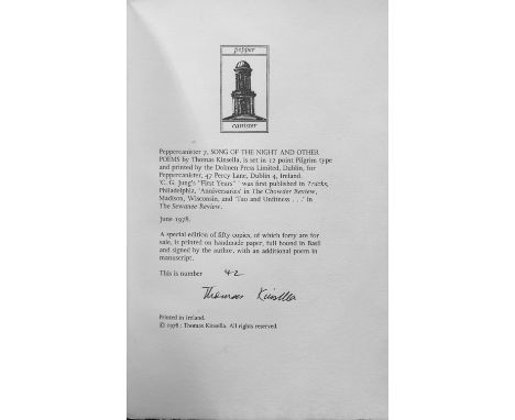With Manuscript PoemKinsella (Thomas) Song of the Night, and Other Poems, 4to D. (Peppercanister) 1978, Signed, Ltd. Edn., No