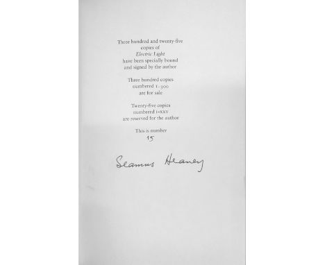Heaney (Seamus) Electric Light, L. 2001. First Limited Edn., No. 15 of 300 Copies Only, Signed by Author, cloth backed boards