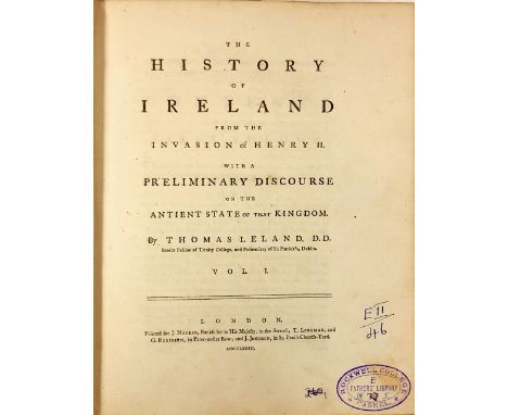 Leland (Thomas) The History of Ireland ..., 3 vols. L. (J. Nourse) 1773, First Edn., hf. titles, Ex. Libris Copy, contemporar