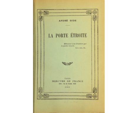 Signed by Andre GideGide (Andre).  La Porte Etroite.  Paris, Mercure de France 1909, FIRST, One of 300 copies on verge d'arch