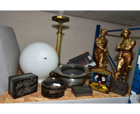 A COLLECTION OF 19TH AND 20TH CENTURY METALWARES, etc including a reproduction Punch &amp; Judy money bank, Victorian tin spi