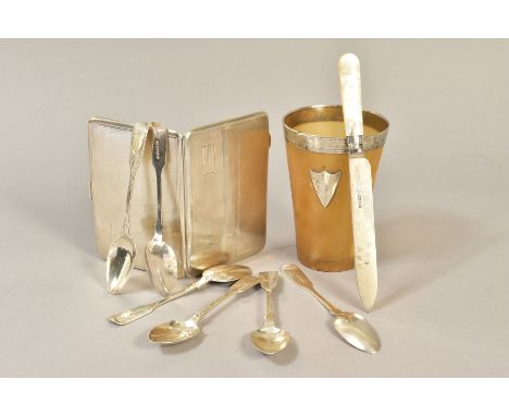 A GROUP OF SILVER, comprising a George VI cigarette case, engine turned, makers mark partially rubbed, Birmingham 1941, a lat