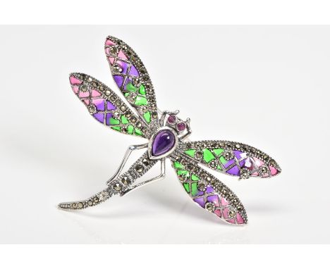 A PLIQUE A JOUR BROOCH, in the form of a dragonfly with pink, purple and green enamel wings, an amethyst and marcasite set bo