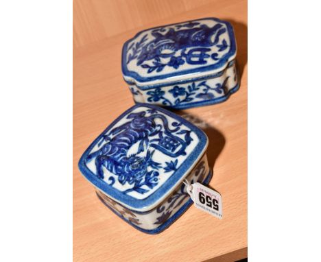 A RECTANGULAR CHINESE TRINKET POT AND COVER, decorated with blue animal, approximate length 10cm x width 7cm x height 5cm, ch