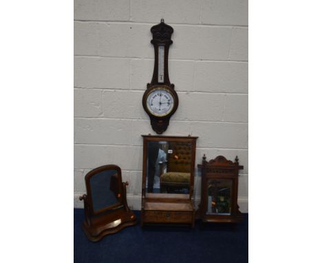 AN EDWARDIAN MAHOGANY BEVELLED BATHROOM MIRROR, with a hinged storage compartment, together with an Edwardian walnut mirror, 