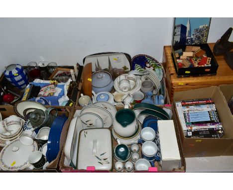 SEVEN BOXES AND LOOSE CERAMICS AND SUNDRY ITEMS, to include Paragon 'Belinda' part dinner/tea service, Denby Greenwheat oven 