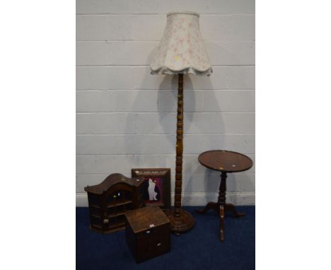 A GEORGIAN MAHOGANY LIDDED BOX, together with an oak bobbin turned standard lamp with shade, oak tripod table, mahogany singl
