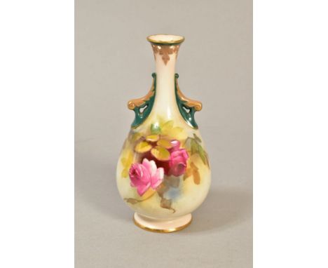 A SMALL ROYAL WORCESTER HADLEYS  BUD VASE, H288, hand painted roses on ivory ground, pierced decoration to the top edge, appr