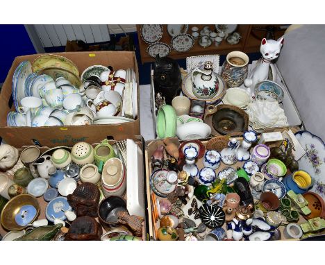 FOUR BOXES OF ASSORTED CERAMICS ETC, to include early T.G.Green flour and Bicarb Soda, Grafton china 5555 pattern teawares, W