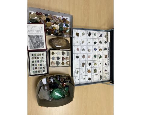 A SELECTION OF SEMI PRECIOUS GEMSTONES AND MINERALS, to include a display box of gemstones with descriptions and locations, a