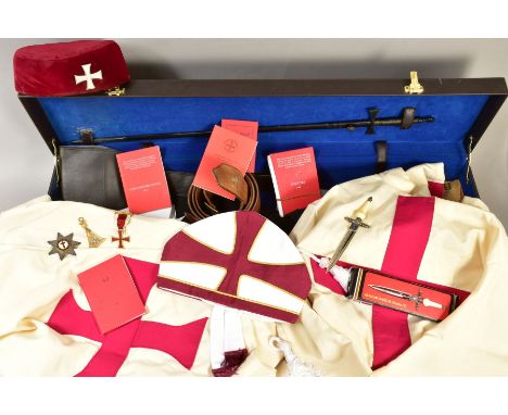 A CASE CONTAINING KNIGHTS TEMPUR REGALIA, including robes, hat , belt, medallions, sword, sash, books, etc