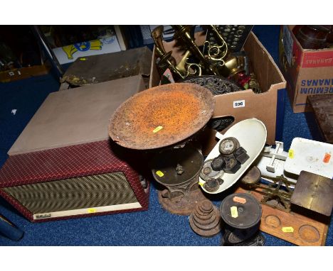 LOOSE SCALES AND ASSORTED WEIGHTS, BOX OF METALWARES, a McMichael Twin 4 record player, distressed gas mask, the box of metal