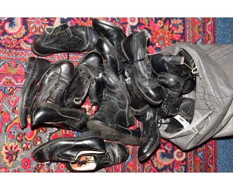 A PLASTIC SACK containing eleven pairs of Military related footwear as follows, eight pairs of black leather Army boots, vari