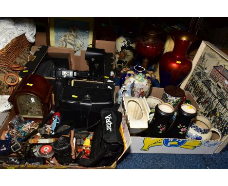 THREE BOXES AND LOOSE SUNDRY ITEMS etc, to include an oil lamp having brass column, earthenware base with cranberry glass res