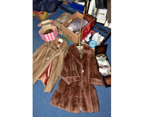 A LADIES BROWN CONEY FUR COAT, shawl style collar, turned up cuffs, length from collar to hem approximately 101cm, approximat