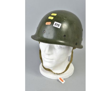 GREEN COLOURED US MILITARY HELMET (M1) but made of resin, with liner chin strap etc, possibly re-enactor style piece