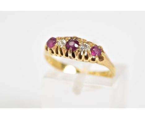 A DIAMOND AND RUBY BOAT RING, the yellow metal boat ring set with three circular cut rubies interspaced with two old cut diam