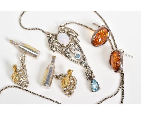 A SELECTION OF ITEMS, to include a pair of white metal oval amber earrings with post and scroll fittings, stamped 925, a pair