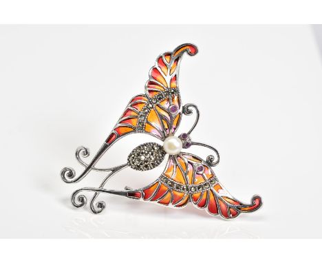 A PLIQUE A JOUR BROOCH, in the form of a butterfly set with orange and red enamel wings, a marcasite and single cultured pear