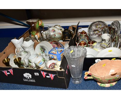 THREE BOXES AND LOOSE CERAMICS AND GLASS ETC, to include Japanese teawares, Crown Devon souvenir series, Wedgwood jasperware,