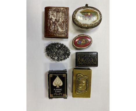 A SMALL BOX OF MATCH COVERS, TRINKET BOXES AND PLAYING CARDS