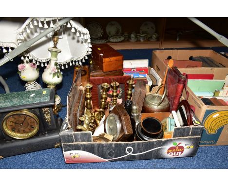 FOUR BOXES AND LOOSE SUNDRY ITEMS, to include ten brass candlesticks, approximate tallest 22cm, smallest 5cm, brass animal or