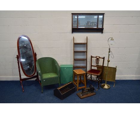 A QUANTITY OF OCCASIONAL FURNITURE to include Lloyd Loom bedroom chair and linen basket (sd), distressed over mantel mirror, 