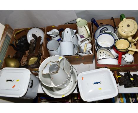 VINTAGE KITCHENALIA, a quantity of enamel jugs, pans, bread bins, cake bin, bowl, pail, glass and wooden wash board, scales, 