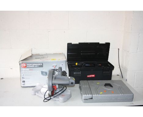 A PERFORMANCE COMPOUND MITRE SAW, (PAT pass and working), a part socket set and a plastic toolbox with contents