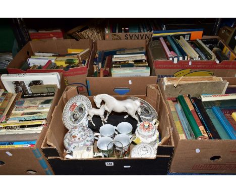 FIVE BOXES OF BOOKS, together with a box of ceramics and glass, book subjects include Natural History, General Knowledge, Vin