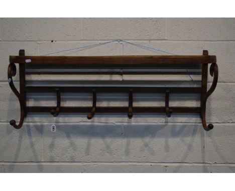 A 1940'S BEECH AND OAK BENTWOOD HANGING HAT/COAT RACK/SHELF, with six hooks, width 100cm x depth 28cm x height 42cm