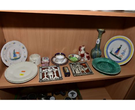 A GROUP OF 19TH AND 20TH CENTURY CERAMICS, including two  Arts and Crafts style 6'' square tiles printed with male musicians,