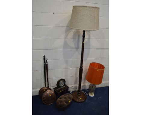 A MAHOGANY STANDARD LAMP with a fabric shade, together with an oak barometer, two copper warming pans, two various stools and