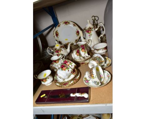 ROYAL ALBERT 'OLD COUNTRY ROSES' TEAWARES to include teapot, coffee pot, milk, sugar, six cups, saucers, side plates, dinner 