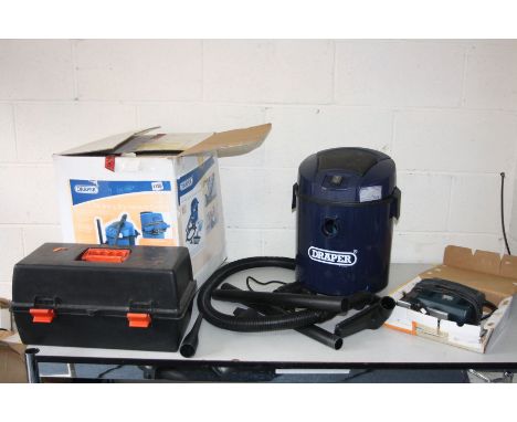A DRAPER 20LTR WET AND DRY VACUUM CLEANER, with original box, a toolbox with tools and a Black &amp; Decker jigsaw (both PAT 
