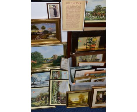 PAINTINGS AND PRINTS etc to include Digby Page Winter landscape, oil on board, rural village, oil on canvas by the same hand,