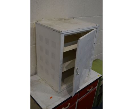 TWO METAL MEAT SAFES, painted in two colours together with a vintage enamel topped kitchen unit with two drawers (3)
