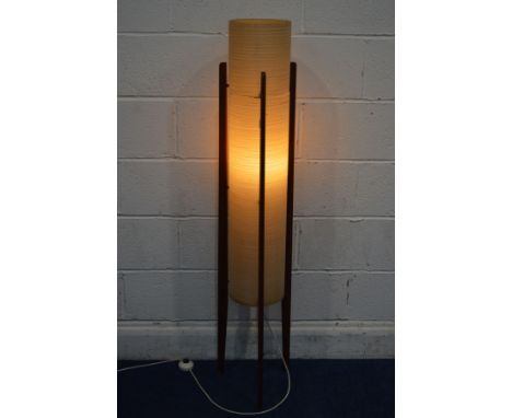 NOVOPLAST, A SPUN FIBREGLASS ROCKET LAMP, c.1960's, raised on three teak supports and triple tier light fittings, height 136c