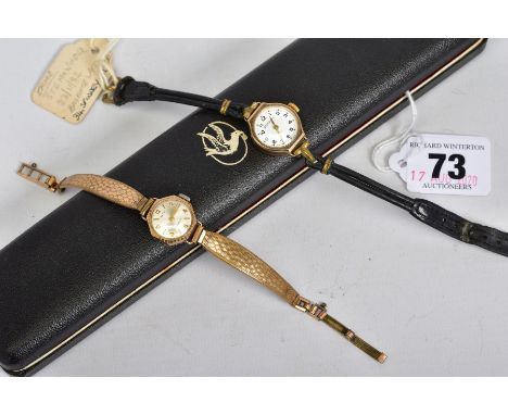 TWO 9CT GOLD CASED WRIST WATCHES, the first a ladies gold cased Rotary watch, white enamel dial, Arabic numerals, with a 9ct 