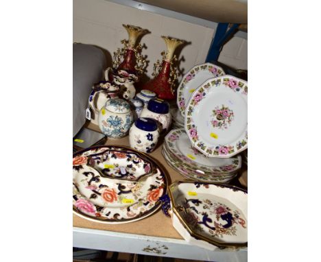 TWO MASONS MANDALAY GRADUATED JUGS, a Mandalay dinner plate and trinket dish, a Masons blue Mandalay twin handled oval dish, 