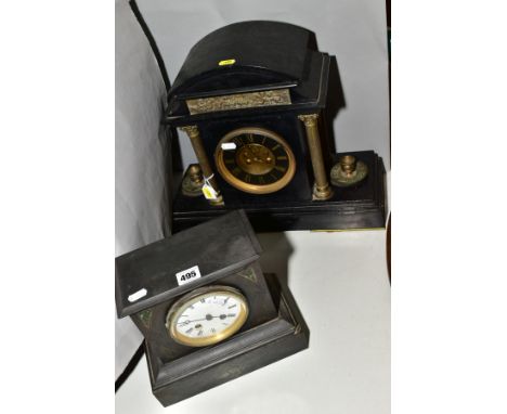 A LATE VICTORIAN BLACK SLATE MANTEL CLOCK, white enamel dial, bell strike, height 22cm, together with a late Victorian black 