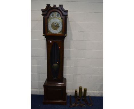 AN EARLY 20TH CENTURY MAHOGANY LONGCASE CLOCK, with tubular quarter chiming mechanism, the hood with detached swan neck pedim