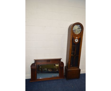 AN EARLY TO MID 20TH CENTURY OAK ART DECO LONGCASE CLOCK, the circular silvered dial with Arabic numerals, circular barometer