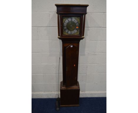 A GEORGE III OAK 30 HOUR LONGCASE CLOCK, plain hood with twin cylindrical pillars, the 9'' brass and silvered dial with Roman