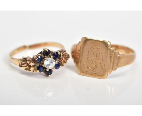 TWO 9CT GOLD RINGS, the first of cluster design set with a central colourless stone assessed as zircon, with a circular cut s