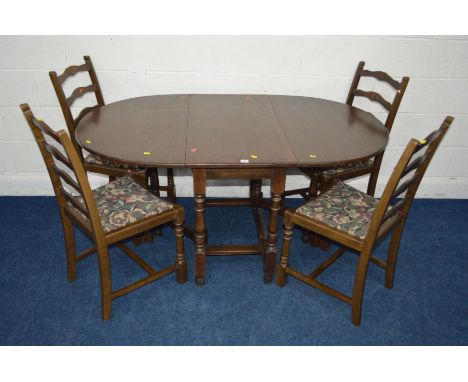 A MID TO LATE 20TH CENTURY OAK GATE LEG TABLE, open length 152cm x drop width 46cm x depth 90cm x height 74cm together with f