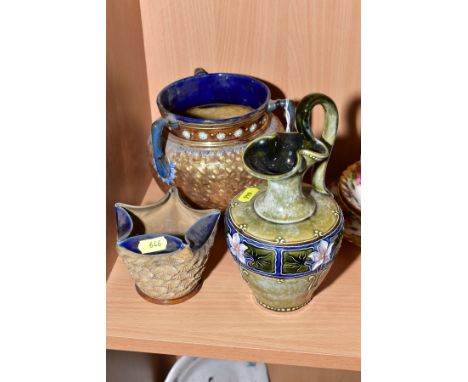 THREE PIECES OF ROYAL DOULTON STONEWARE, comprising a Cauldron shaped vase with three handles, gilt swirl decoration, marks t